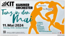 In geschwungener Schrift ist auf diesem Plakat "Tanz in den Mai" geschrieben. Neben dem Schriftzug sind schematisch die Silhouetten gelber tanzender Figuren zu sehen, die sich an den Händen halten.