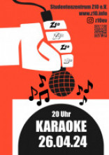 Poster für den Karaokeabend im Z10. Eine Cartoon-Hand mit Z10-Tattoos hält eine Mikrofon. Darunter sind Datum und Titel der Veranstaltung zu sehen.