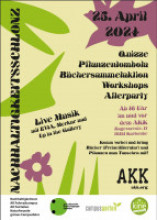 Ein buntes Plakat in gedeckten Farben zeigt im Hintergrund schematisch eine bewachsene Landschaft. In gewellter Schrift steht links der Titel der Veranstaltung und rechts Datum und Uhrzeit. Über das Plakat verteilt finden sich die Angebote des Schlonzes, siehe Beschreibungstext. Unten finden sich noch die Namen der beteiligten Gruppen, nämlich AKK, Nachhaltigkeitsrat, AK Fahrradcampus, AK Fairteilen, Naturfreunde, grünes Campusbüro, grün-alternative Hochschulgruppe Karlsruhe, campusgarten und kine.